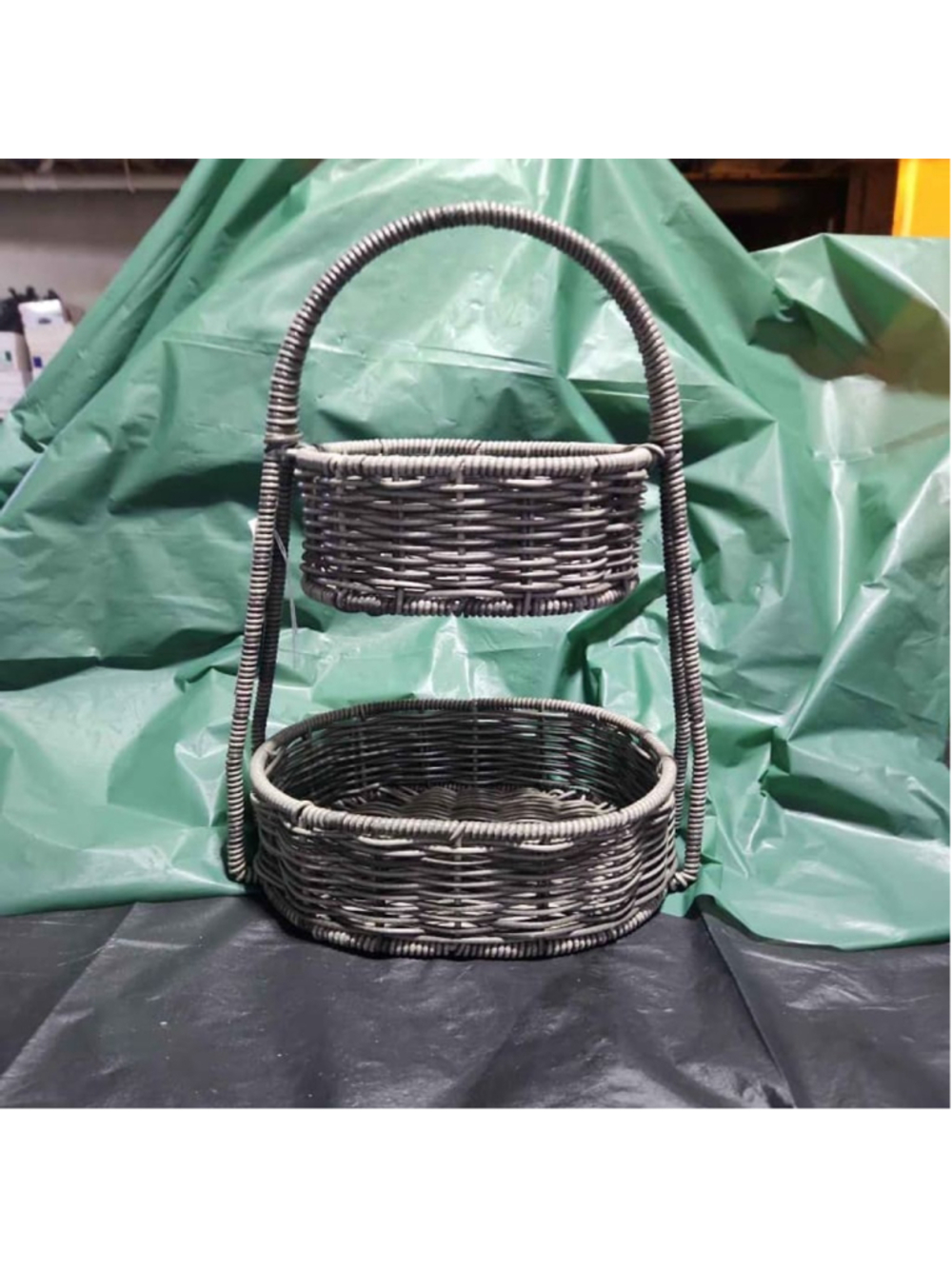Wicker Rattan 2-Tier Basket Stand Fruit Plant Storage Boho Farmhouse MCM